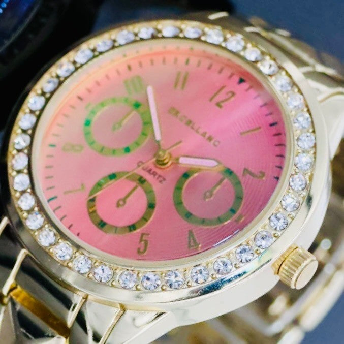 Excellanc  Damen  Armband Uhr Rosa Gold Farben Damenuhr Strass Chrono-Look1