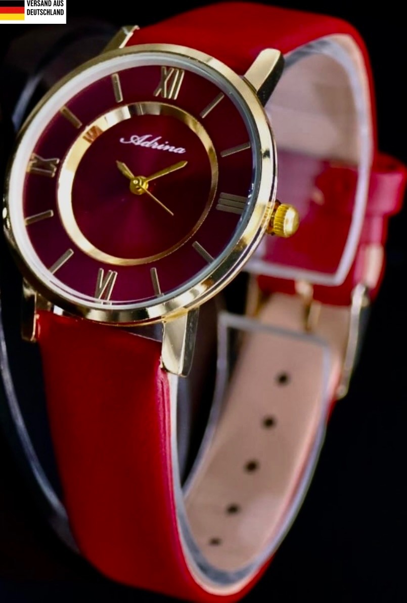 Mega Edle Adrina Damen Frauen Armband Uhr Rot Gold Farben Damenuhr Mineralglas0