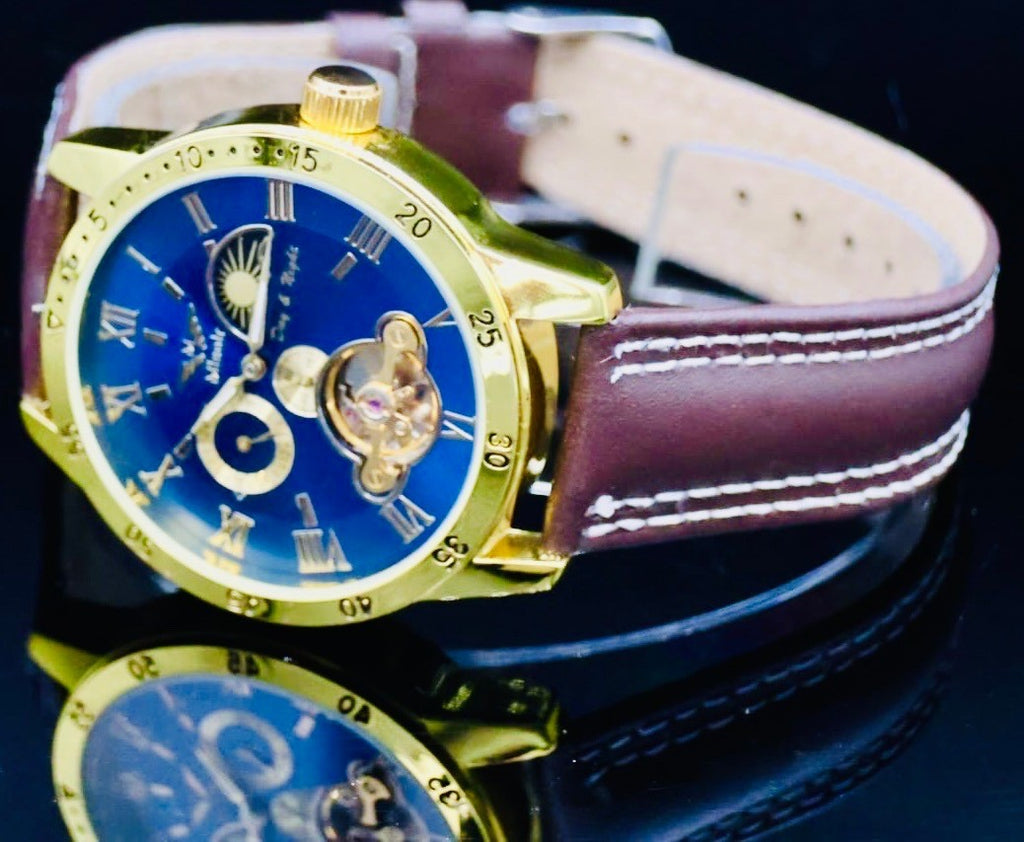 Mega Edle Herren Uhr Automatikuhr Armbanduhr Minoir Herrenuhr mit Lederband 021