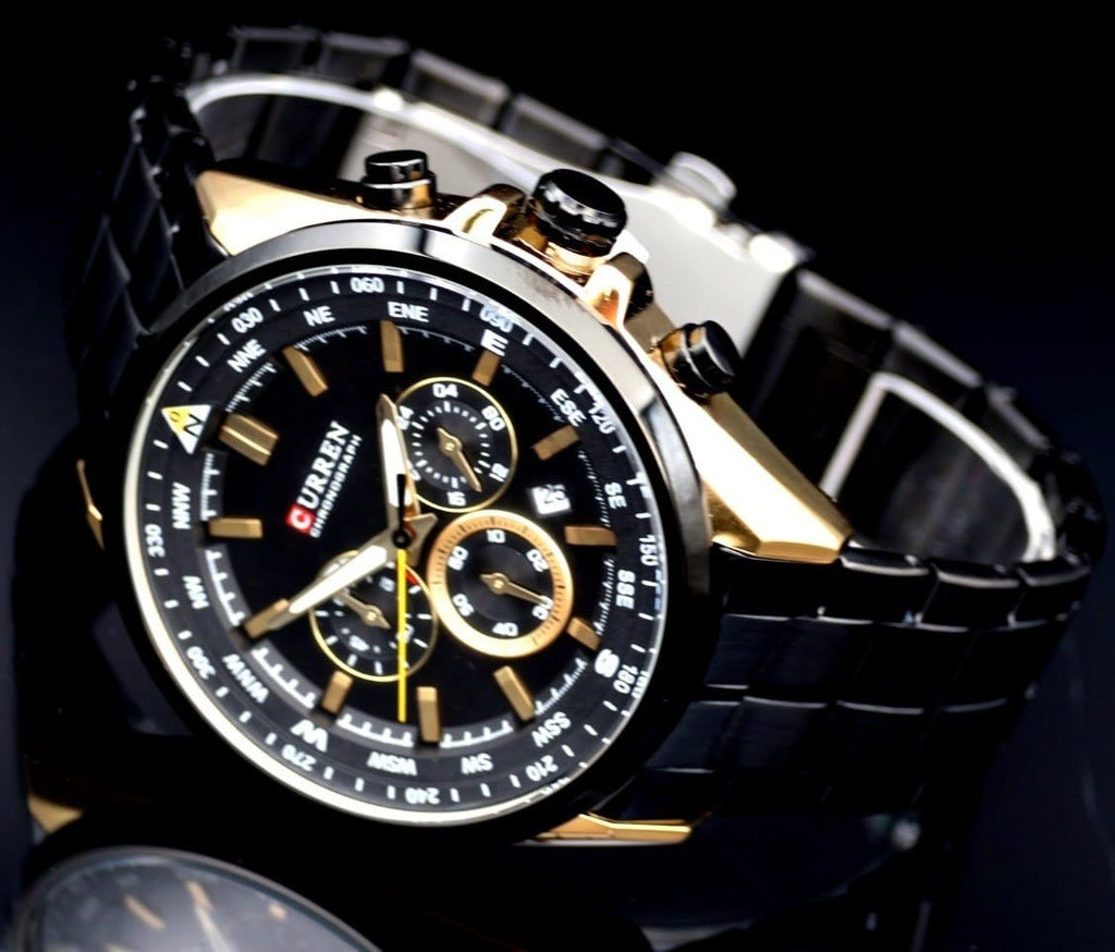 Edle Herren Männer Armband Uhr Chronograph Stoppuhr Datum Rosé Schwarz Farben0