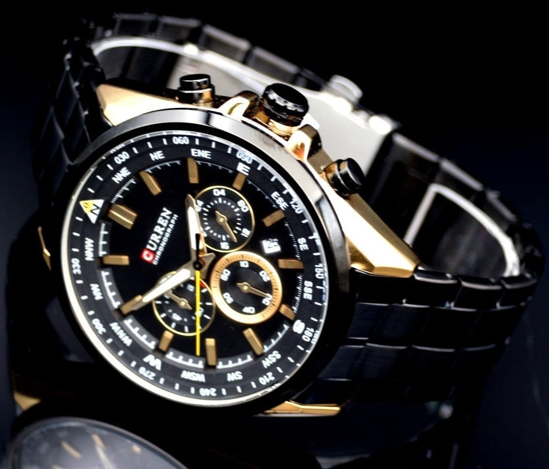 Edle Herren Männer Armband Uhr Chronograph Stoppuhr Datum Rosé Schwarz Farben0