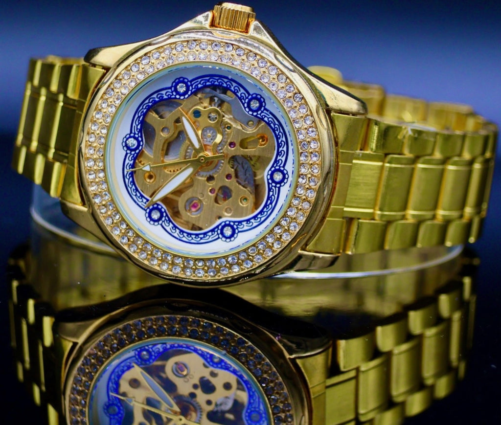 Mega Edle Trias Damen Automatikuhr Armbanduhr Damenuhr offene Unruh Gold Farben1