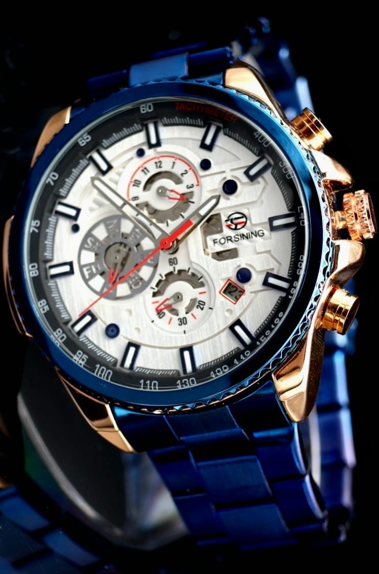 Sportliche Herren Männer Automatik Uhr Blau Rosé Farben Weißes Ziffernblatt1