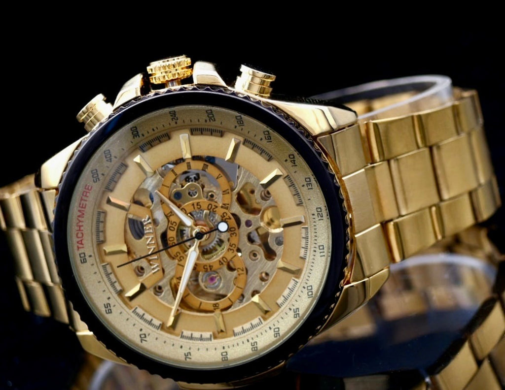 T-Winner Herren Automatikuhr Gold Mechanisch Edelstahl Skelett Uhr Leuchtzeiger1