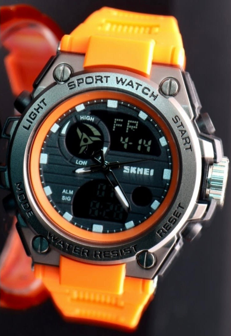SKM Herrenuhr Digital Analog Uhr Sport Watch Silikonarmband Orange 46mm Neu0
