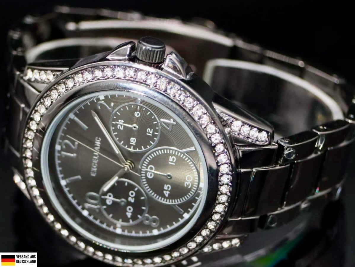 Excellanc Damen Frauen Armband Uhr Schwarz Metall Farben Damenuhr Strass Neu0