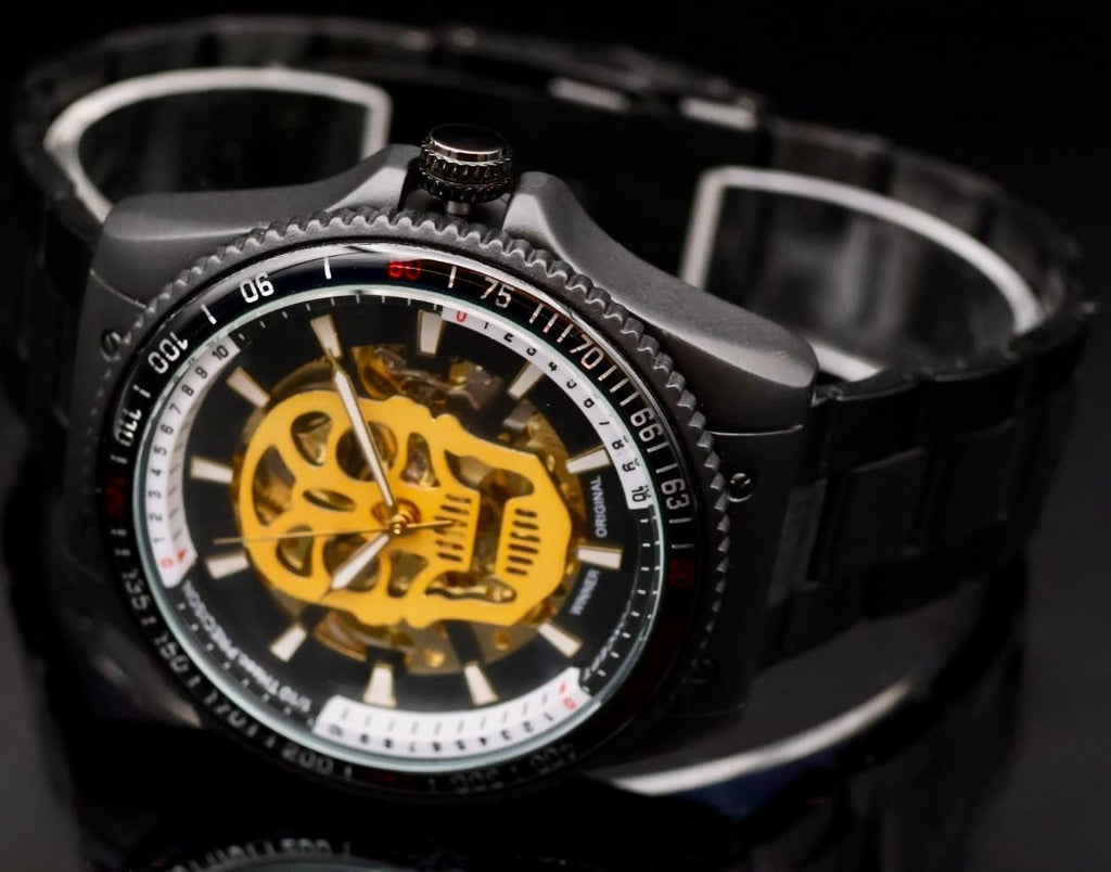 Original Winner Herren Automatik Armbanduhr in Gold Automatikuhr mit Totenkopf1