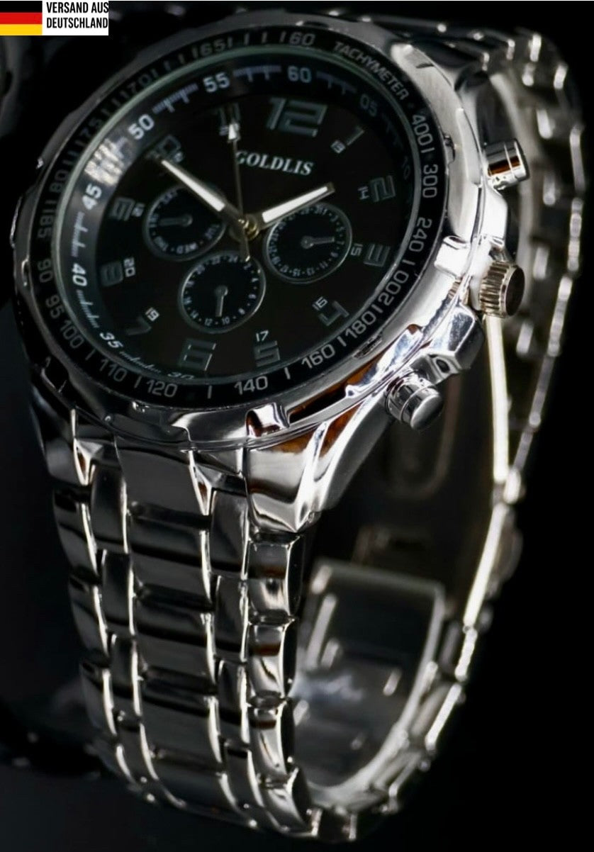 Mega Edle XL Herren Armband Männer Uhr  Silber Schwarz Farben Chrono Look NEU0