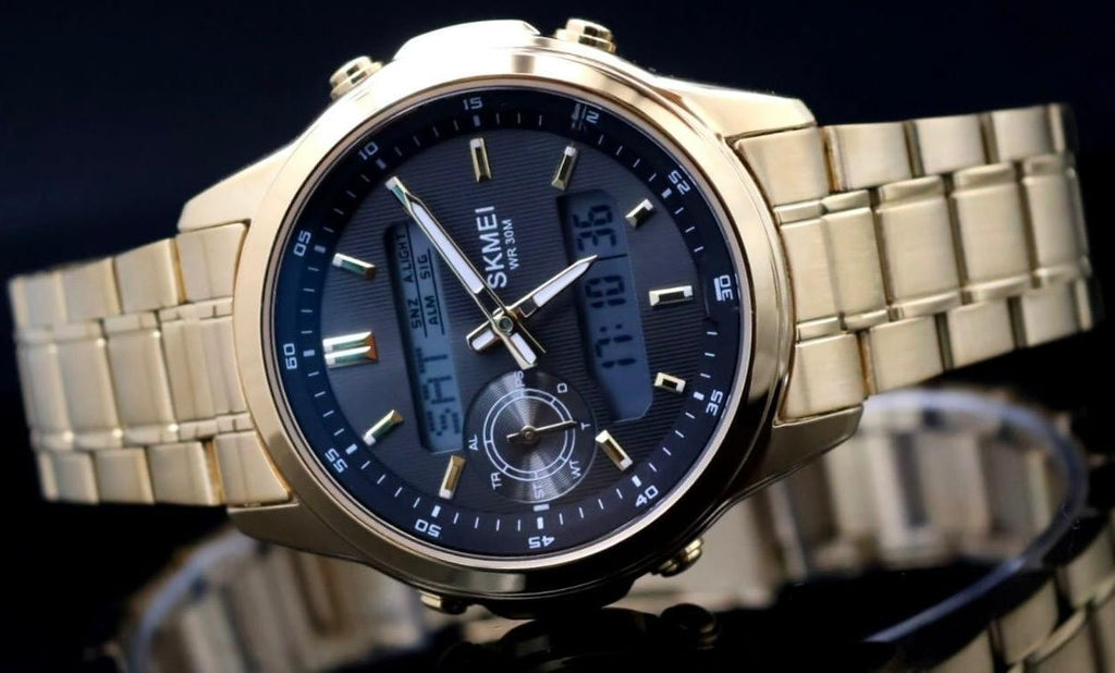 Digital & Analog Herren Männer Uhr Armbanduhr Blau Gold Farben 40mm Neu1