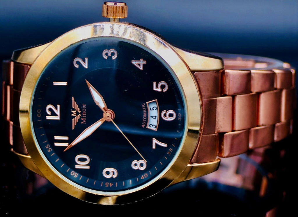 Minoir Herren Automatikuhr Armbanduhr Herrenuhr mit Datumsanzeige Schwarz Rosé0