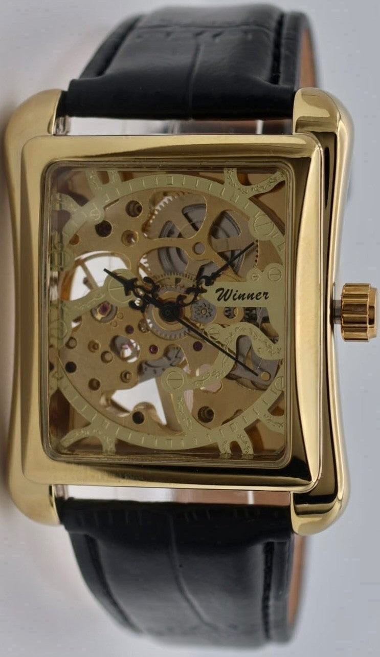 Winner Herren Automatik Uhr Gold Farben Mechanisch Lederband Skelettuhr 34x34mm0