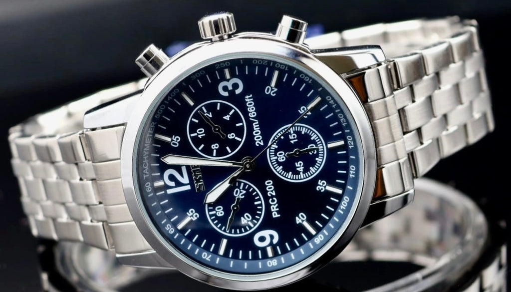 SKM Herren Männer Uhr Armbanduhr Blau Silber Farben Chrono Look Edelstahl 40mm1