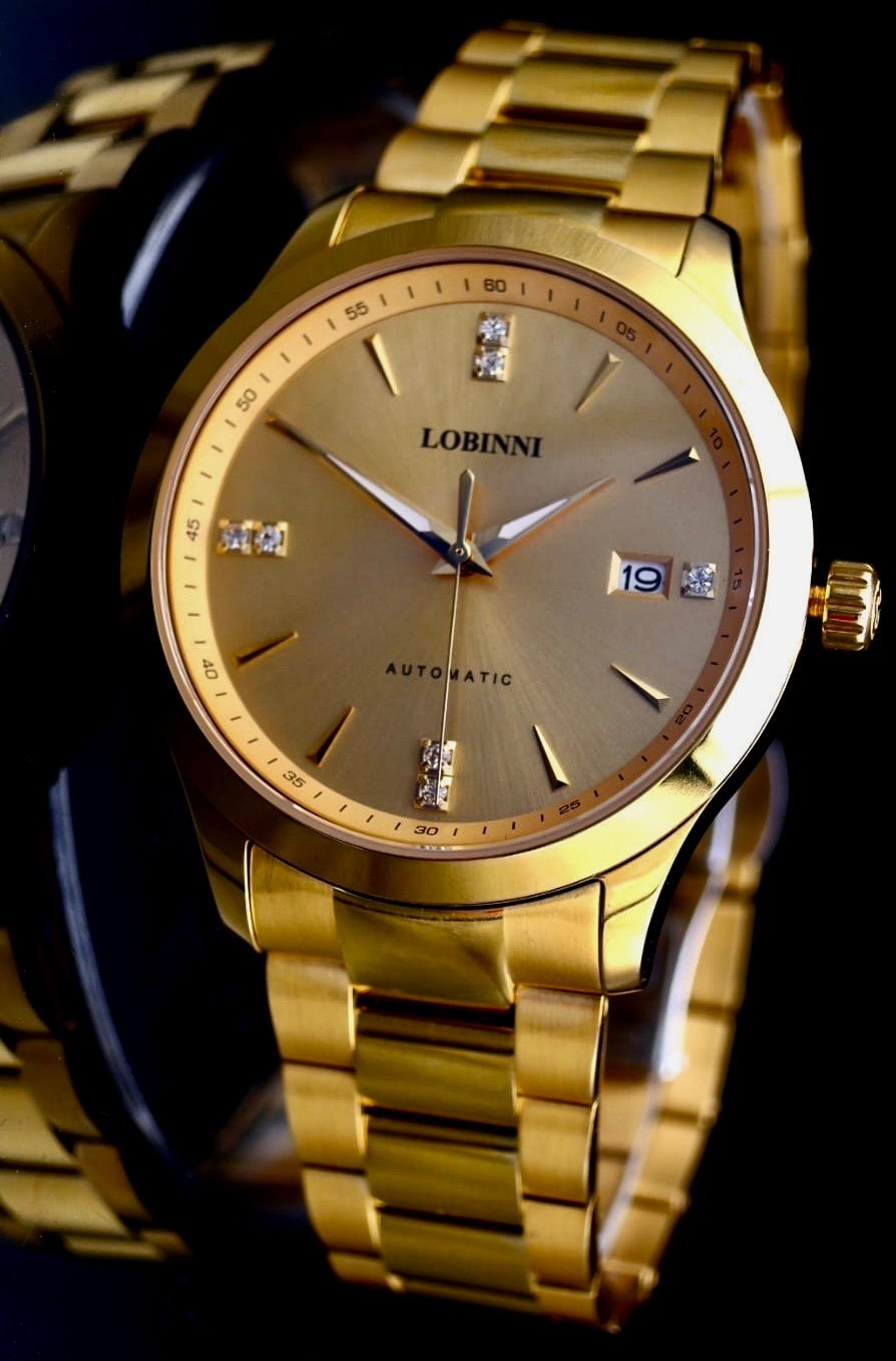 Lobinni Herren Männer Automatik Uhr Gold Farben Datum Glasboden NEU2