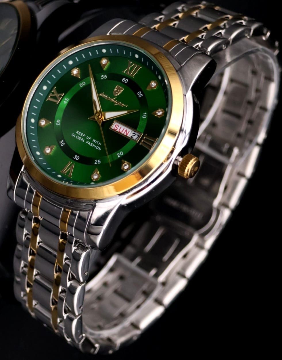 Edle Herren Männer Uhr Armbanduhr Grün Bicolor Farben mit Tag/Datumsanzeige NEU1