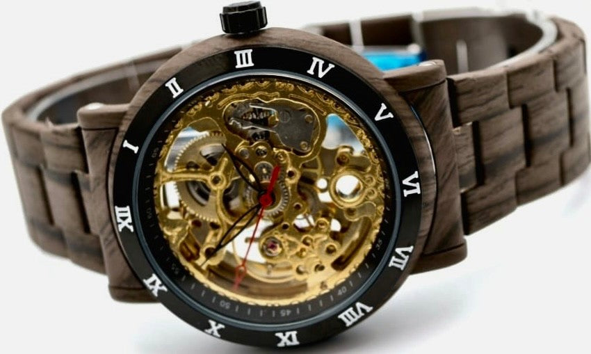 Sportliche Herren Männer Automatik Uhr Blau Gold Farben mit Lederarmband NEU1