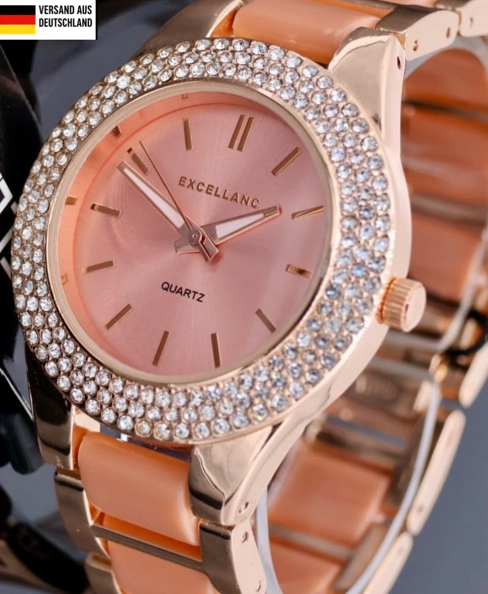 Excellanc  Damen  Armband Uhr Rosé Farben Strass Damenuhr Mineralglas0