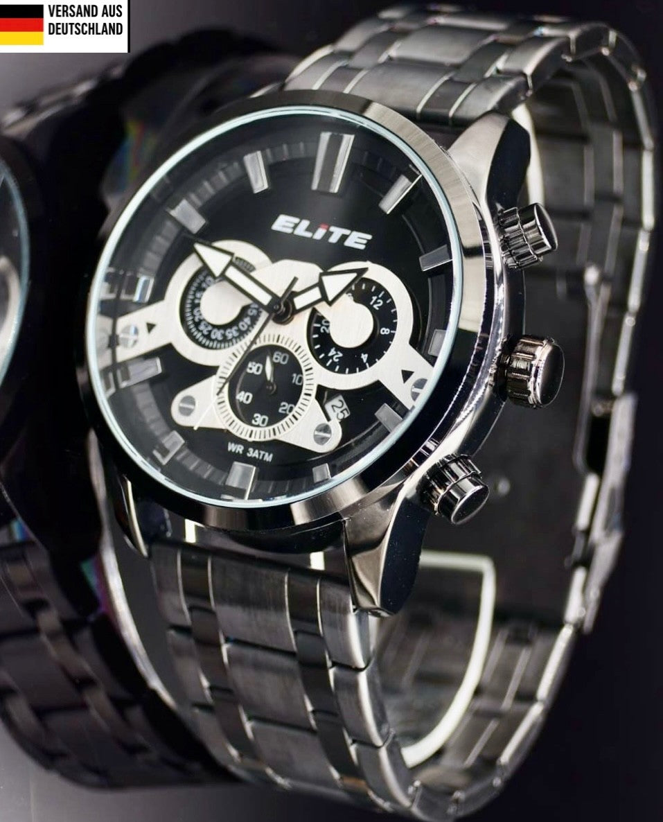 Elite Herren Edelstahl Armband Uhr Chronograph Schwarz Silber  Farben Datum NEU0