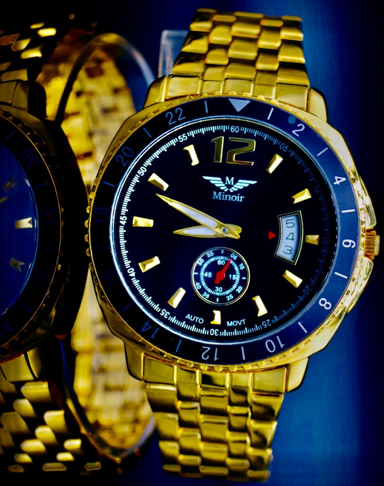 Edle Minoir Herren Männer Uhr Automati Armbanduhr Schwarz Gold Farben Herrenuhr0