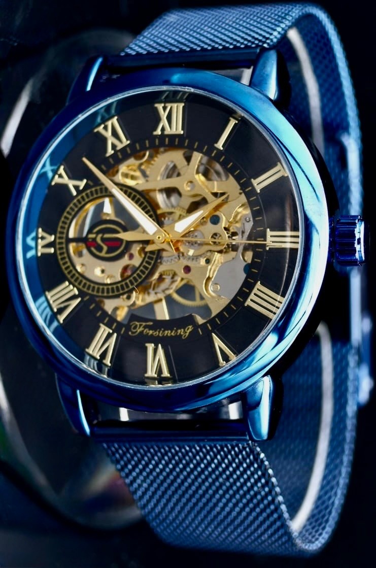 Edle Herren Männer Automatik Uhr Blau Farben mit Mesh Armband + Leuchtzeiger NEU0