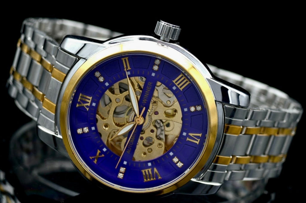 T-Winner Herren Automatikuhr Blau Bicolor Mechanisch Skelett Uhr Edelstahl Luxus1