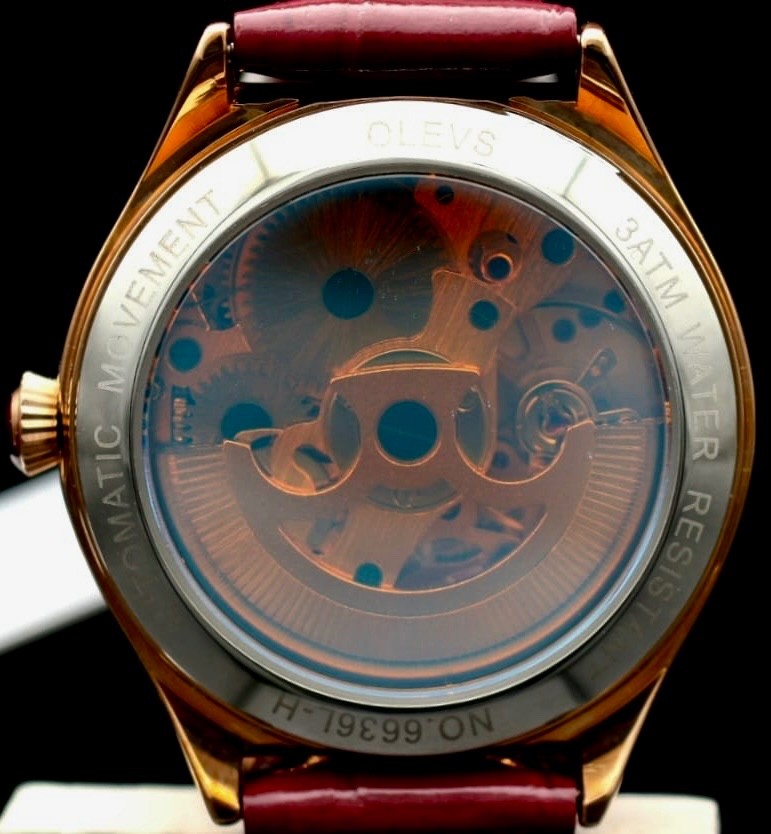 OLEVS Damen Frauen Automatik Uhr Automatikuhr Rosa Rot Farben mit Lederband Neu4