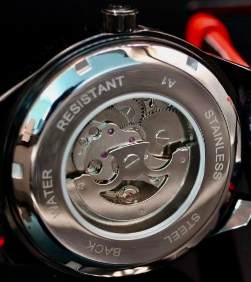 Top Herren Automatik Uhr Sport Design Schwarz Rot Rosé Farben mit Lederarmband2