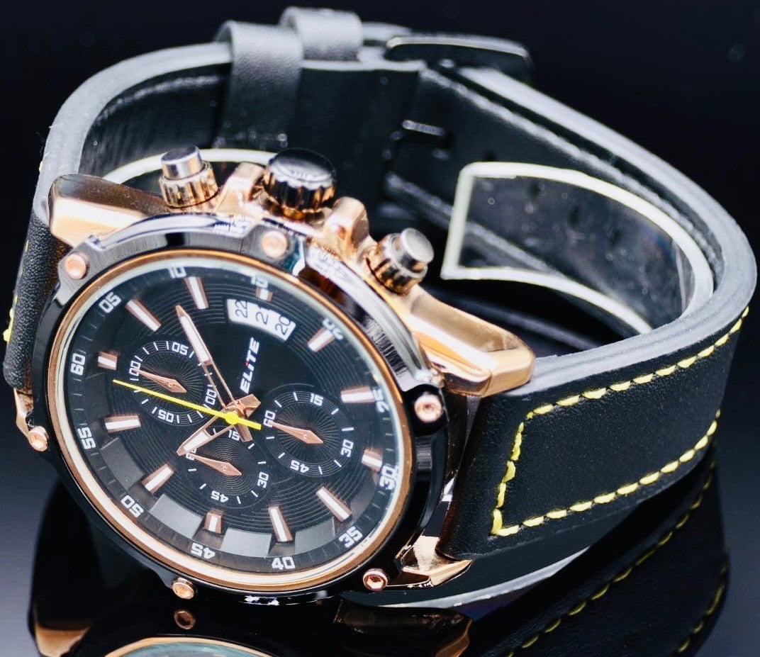 Elite Herren Armband Uhr Chronograph Datum  Schwarz im Flieger Design NEU1