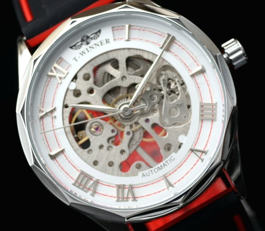 T-WINNER Herren Automatikuhr Silber Rot Skelett Uhr Silikonband Sport Design2
