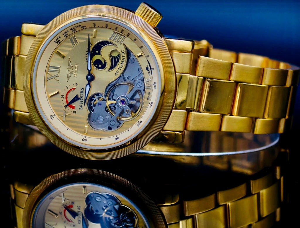 Mega Edle Herren Männer Uhr Automatik Armbanduhr Minoir Herrenuhr Gold Farben 041