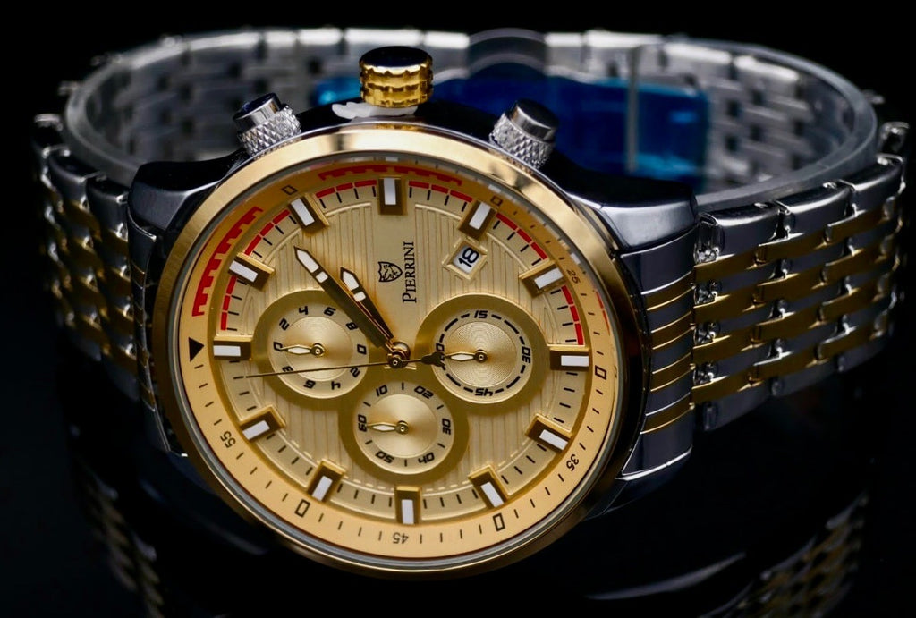 Mega Edle Pierrini Herren Armband Uhr Chronograph Stoppuhr Datum Bicolor Neu+Box1
