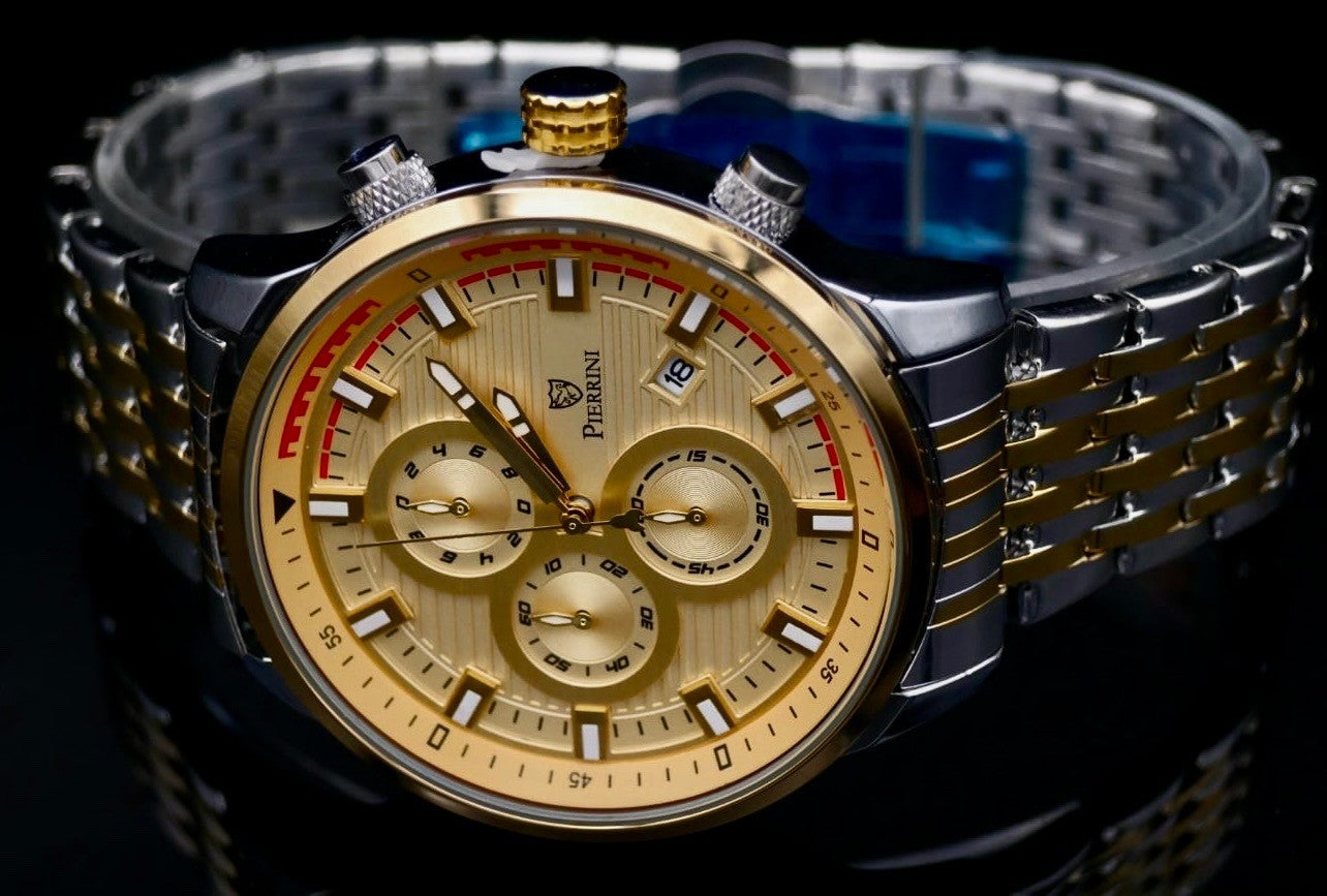 Mega Edle Pierrini Herren Armband Uhr Chronograph Stoppuhr Datum Bicolor Neu+Box1