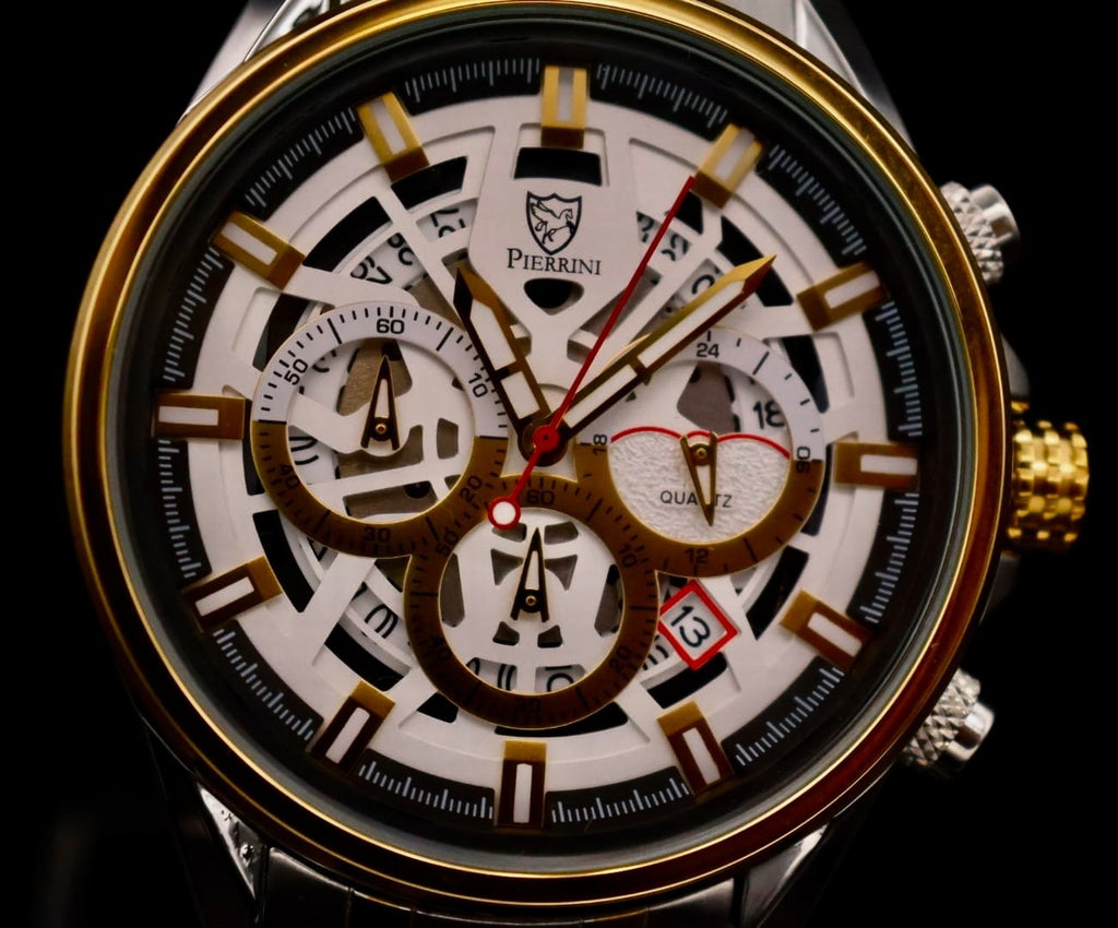 Mega Edle Pierrini Herren Armband Uhr Chronograph Stoppuhr Datum Bicolor Neu **0