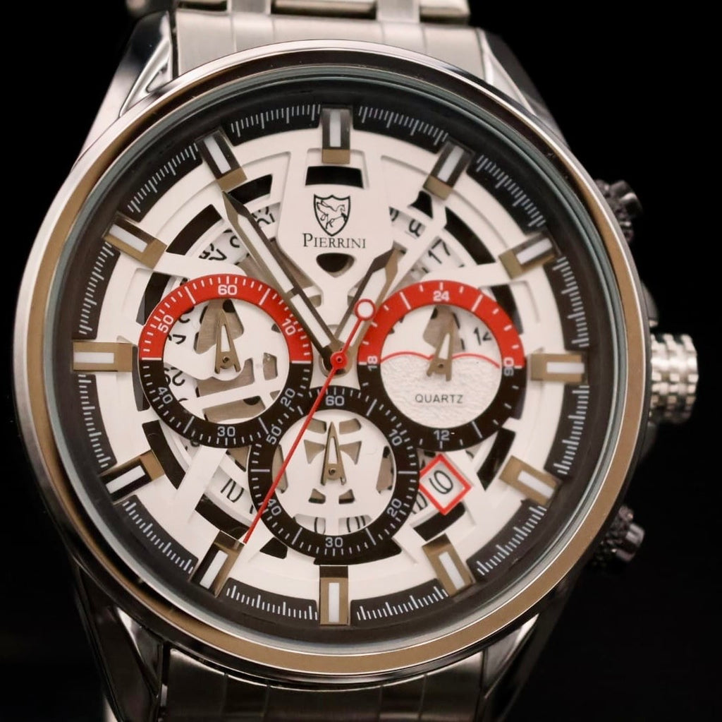 Mega Edle Pierrini Herren Armband Uhr Chronograph Stoppuhr Datum Silber Farben**2