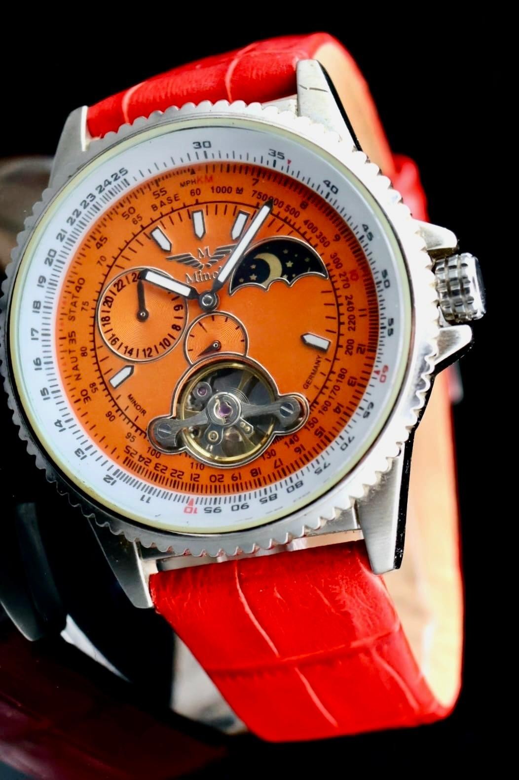 Minoir Herren Uhr Automatikuhr Orange Rot Armbanduhr LUXUS offene Unruh0