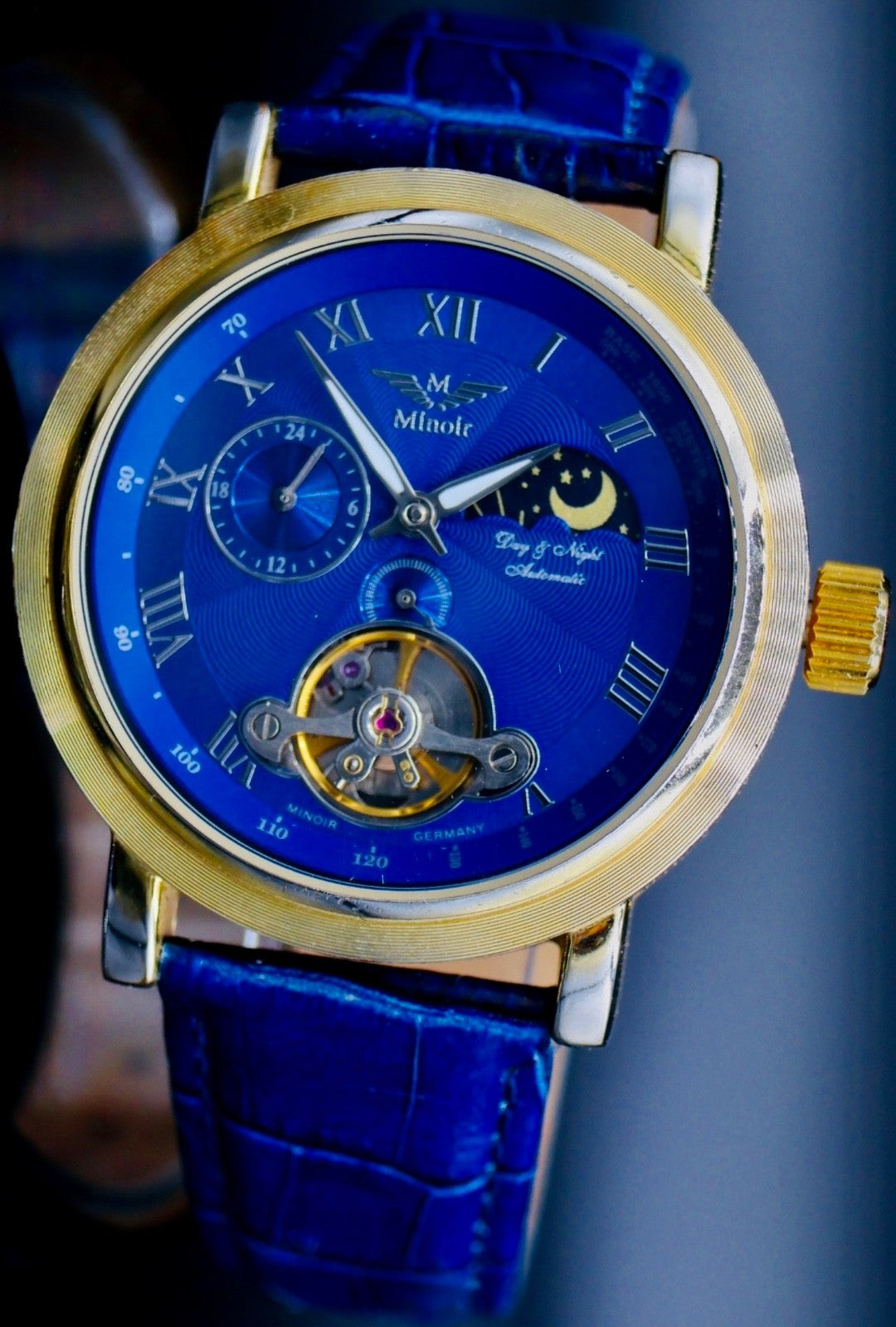 Minoir Herren Uhr Automatik Armbanduhr Blau Gold Farben Herrenuhr Lederarmband0