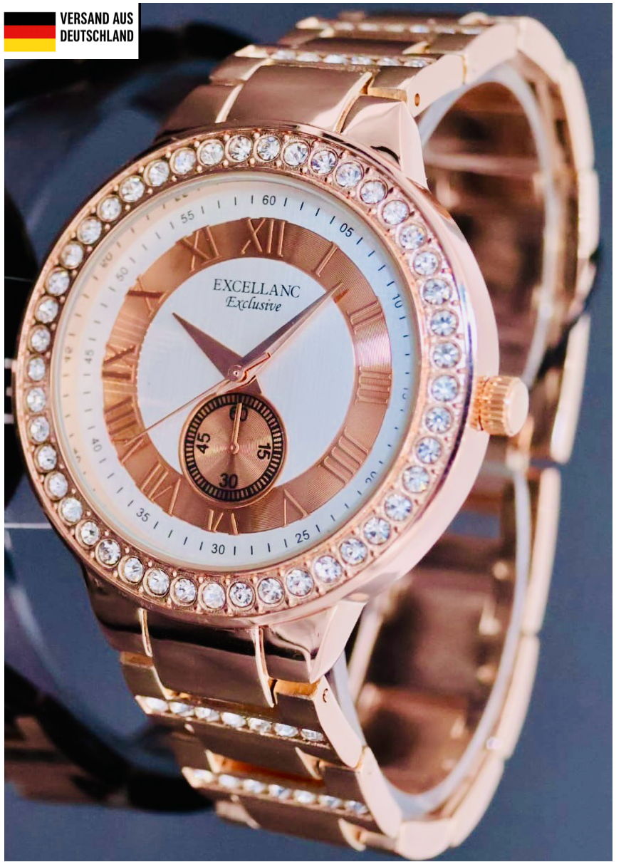 Excellanc  Damen  Armband Uhr Schwarz Rosé Farben Damenuhr Mineralglas Strass #0