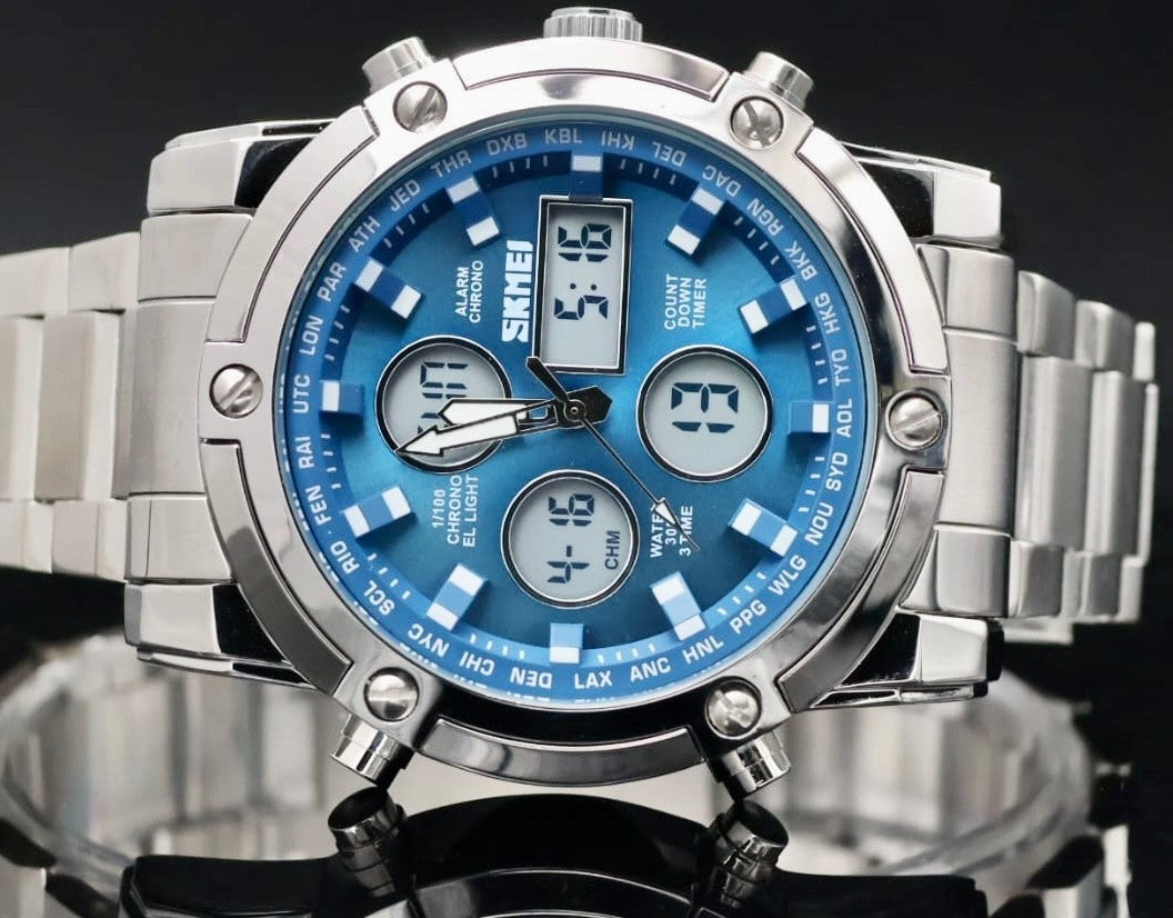 Digital & Analog Herren Männer Uhr Armbanduhr Sport Design Blau Silber 48mm NEU1