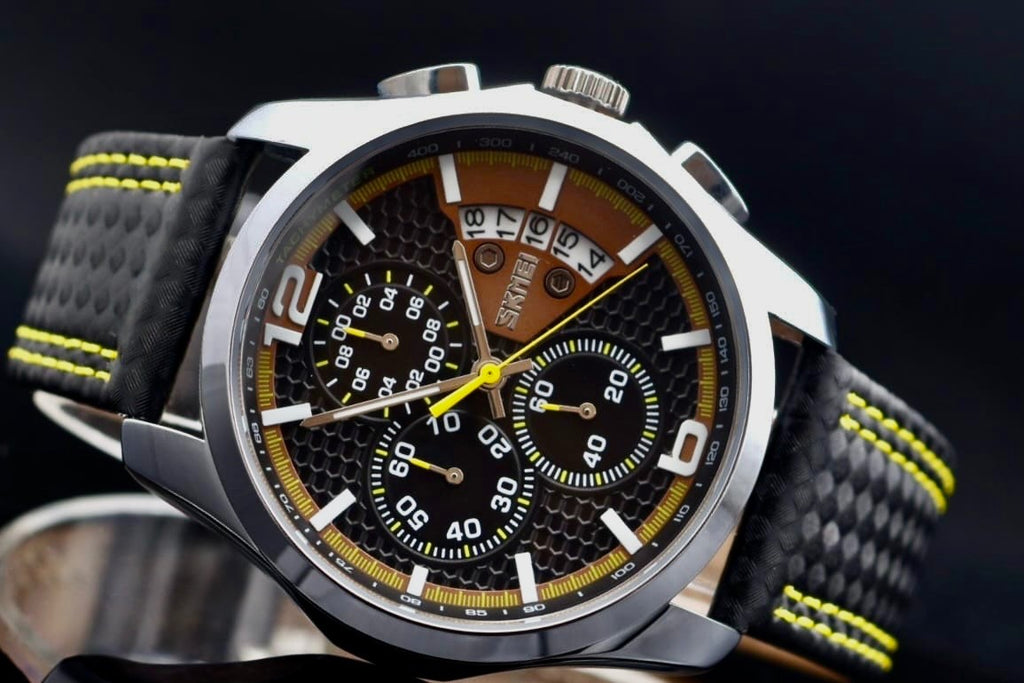 SKM - HERRENUHR - SPORT DESIGN - SCHWARZ - DATUM - CHRONOGRAPH - LEDERARMBAND1