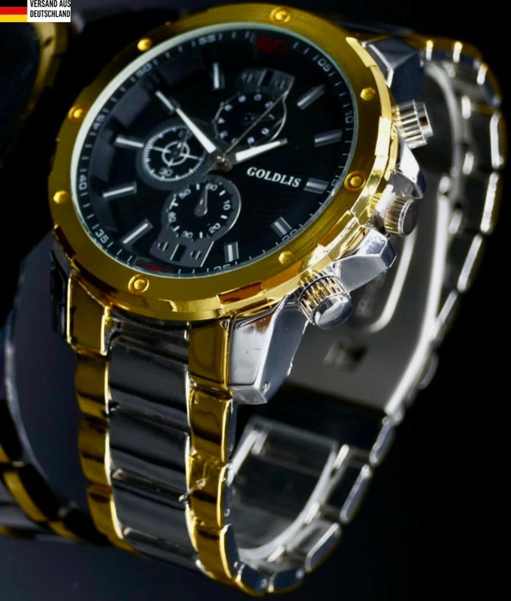 XL Herren Armband Männer Uhr  Silber Gold Schwarz Farben Chrono-Look Bicolor0