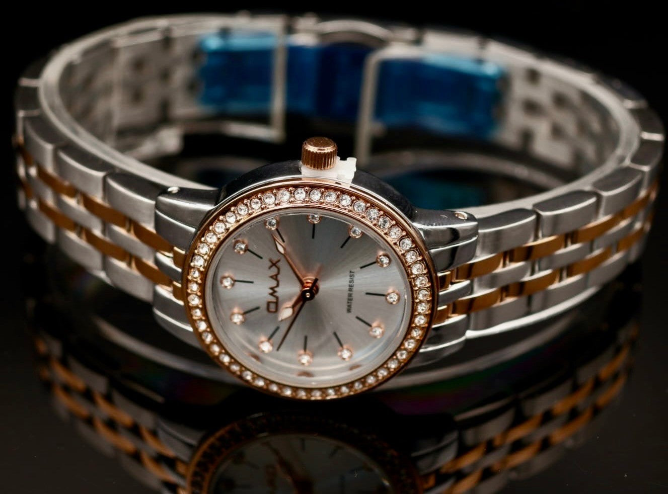 Omax Damen Armband Uhr Silber Farben Bicolor Damenuhr Strass IP Veredelt NEU *1