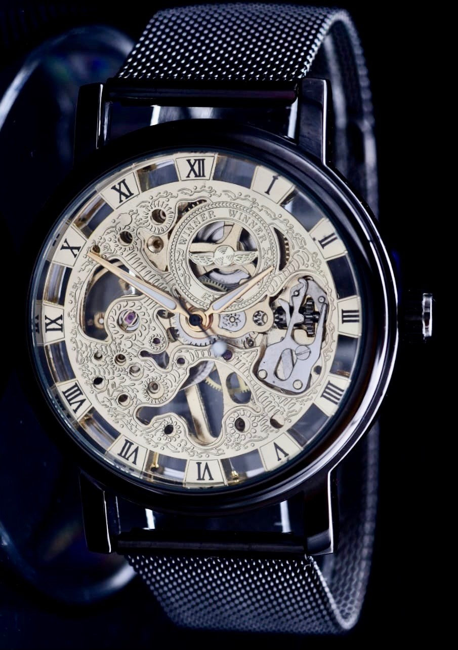 Winner Herren Automatikuhr Schwarz Mechanisch Melanaise Armband Uhr Luxus Design0