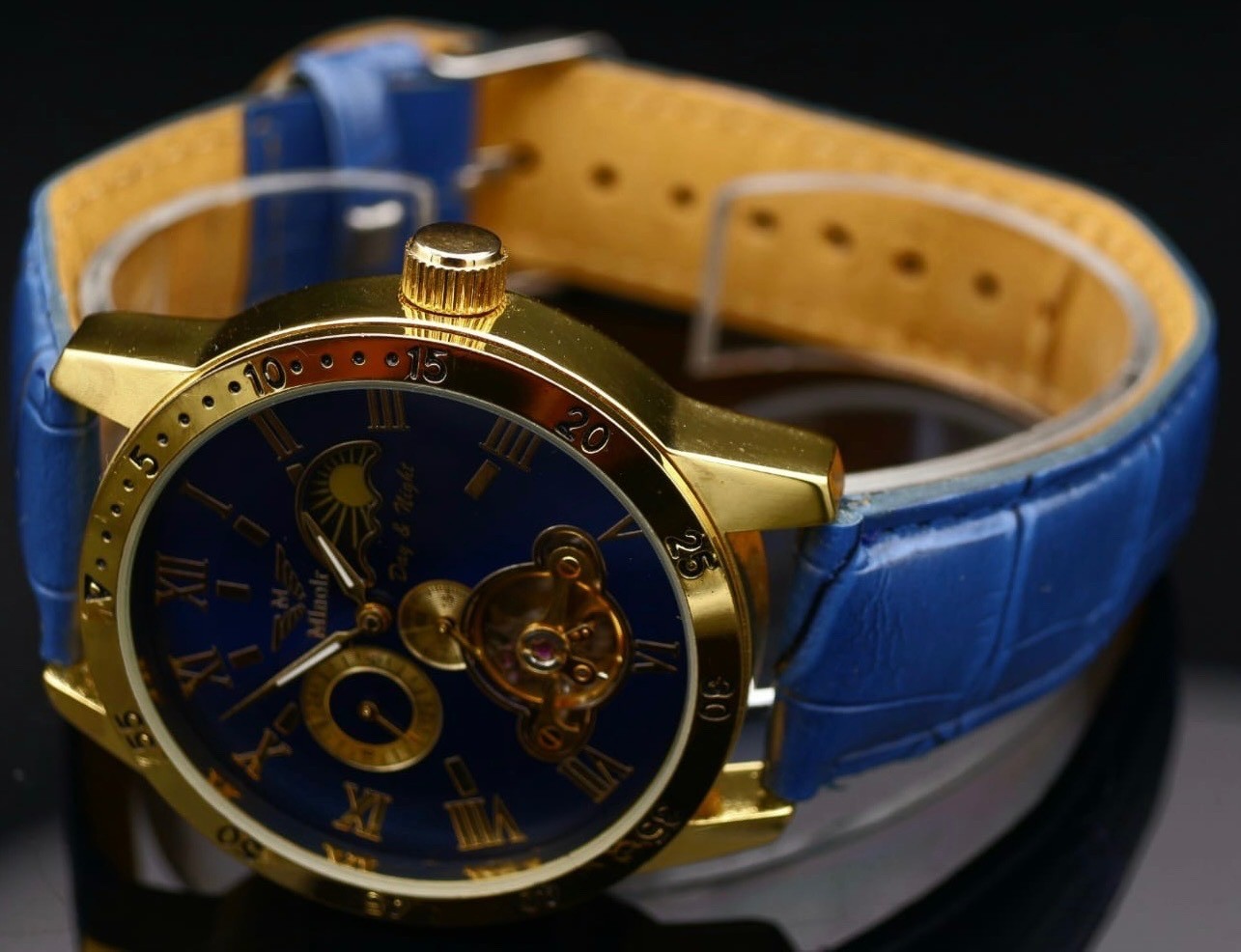Minoir Automatik Herren Armbanduhr Modern mit Glasboden Blau Gold Farben 011