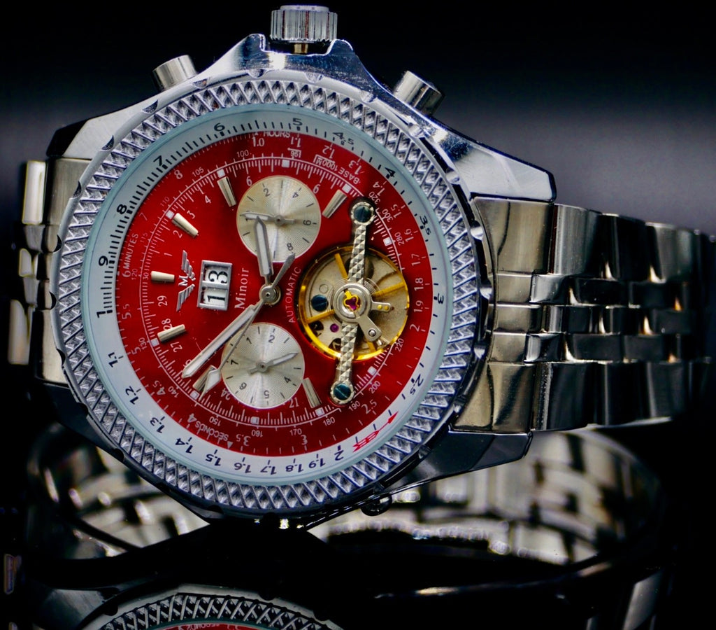 Minoir Herren Automatikuhr Armbanduhr Rot Silber Farben Herrenuhr offene Unruh1