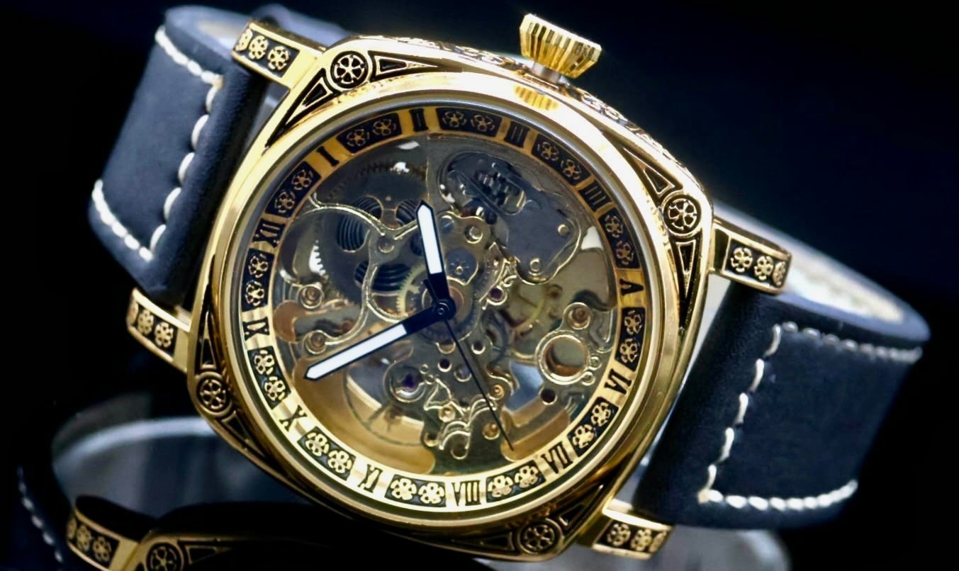 CAROTIF - AUTOMATIK - WATCH - VINTAGE - STYLE - LEDER - SCHWARZ - 42X42MM - NEU0