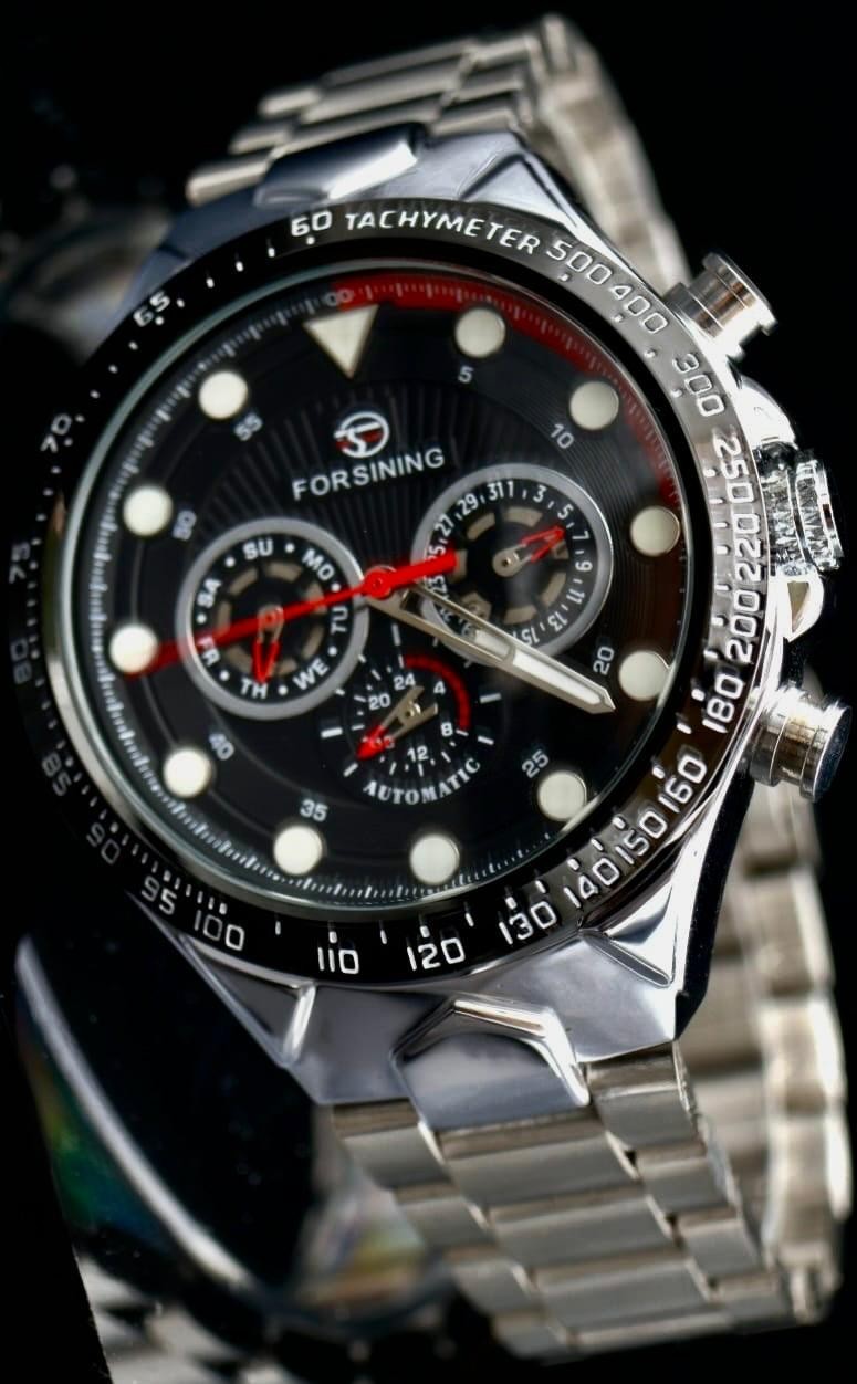 Sportliche Herren Männer Automatik Uhr Schwarz Silber Farben mit Kalender Top0