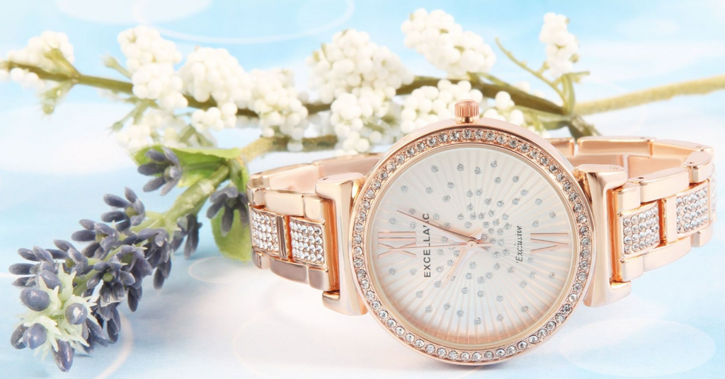 Excellanc Damen Geschenkset Armbanduhr Halskette & Ohrringe Rosé Farben Strass3