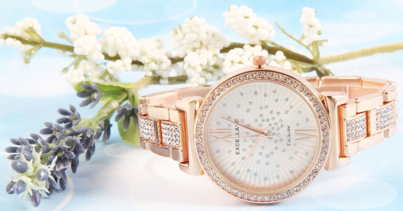 Excellanc Damen Geschenkset Armbanduhr Halskette & Ohrringe Rosé Farben Strass3