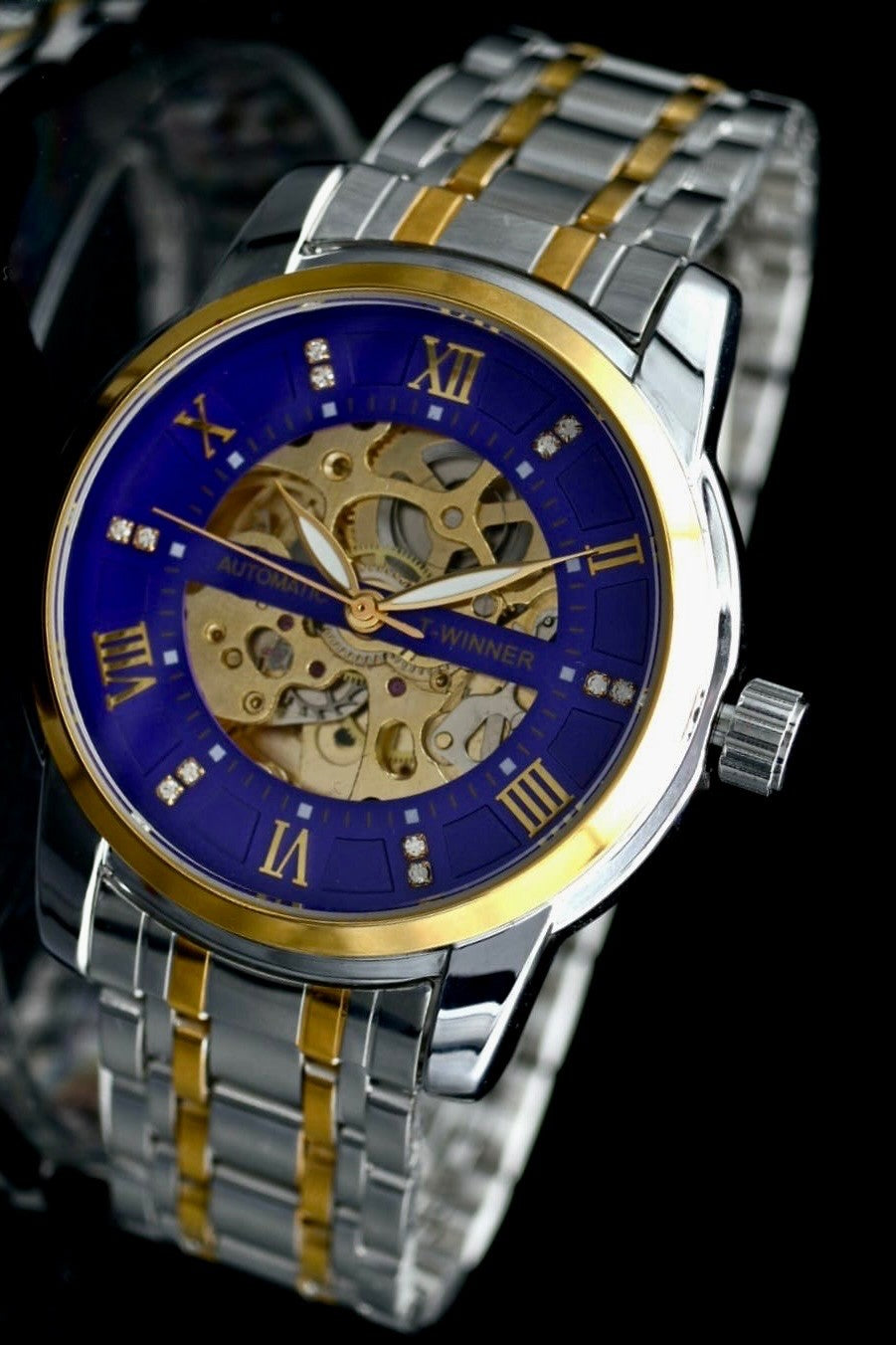 T-Winner Herren Automatikuhr Blau Bicolor Mechanisch Skelett Uhr Edelstahl Luxus0