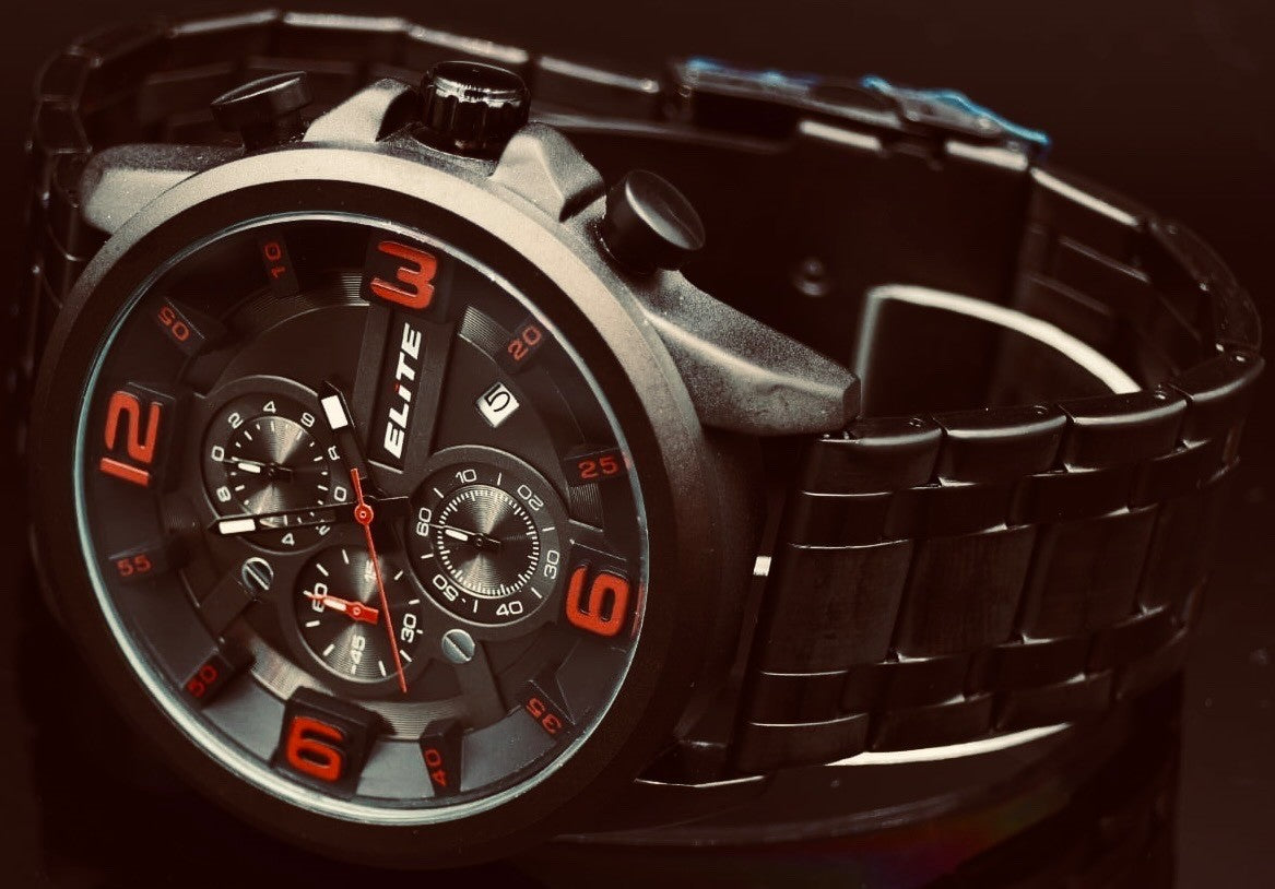 Elite Herren Edelstahl Armband Uhr Chronograph Schwarz Rot Farben Datum NEU1