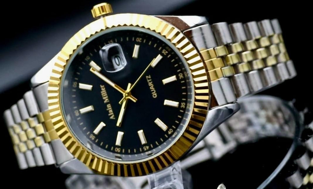 Alain Miller Herren Armband Uhr Datum Schwarz Bicolor Elegant Leuchtzeiger1